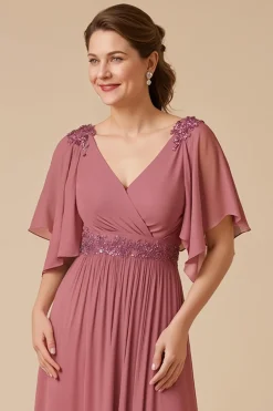 Desert Rose Chiffon Uma Linha Appliqued Mother of the Bride Dress com mangas