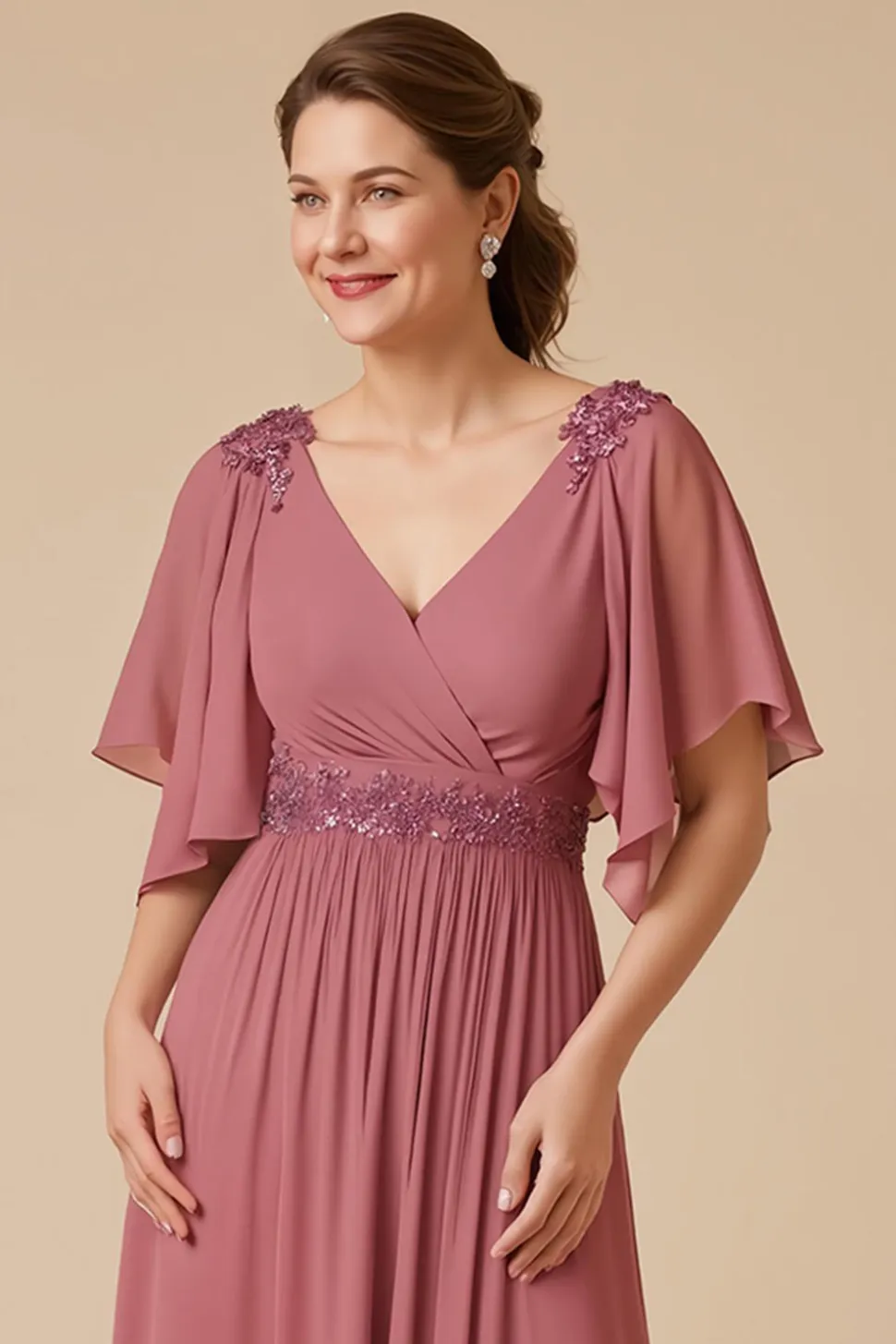 Desert Rose Chiffon Uma Linha Appliqued Mother of the Bride Dress com mangas