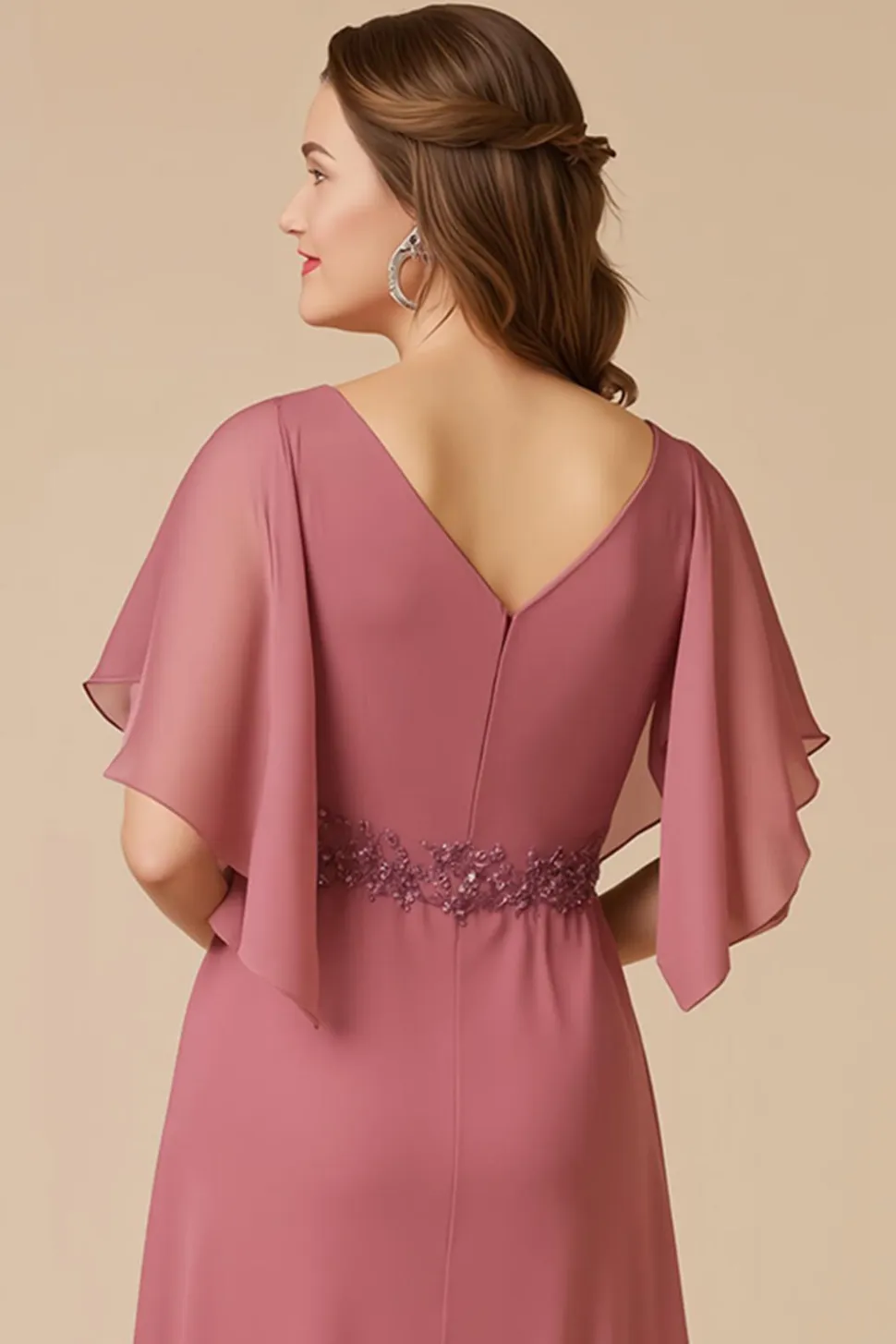 Desert Rose Chiffon Uma Linha Appliqued Mother of the Bride Dress com mangas