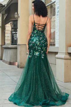 Deslumbrante sereia espaguete alças verde escuro longo vestido de baile com apliques