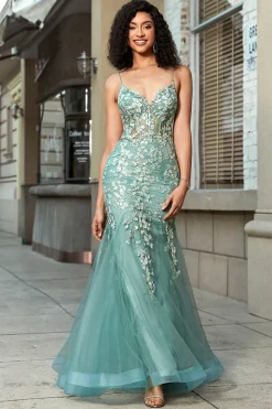 Deslumbrante sereia espaguete correias verde claro espartilho vestido de baile com apliques