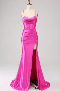 Deslumbrante Sereia Esparguete Correias Fuchsia Corset Prom Dress com Frente Dividida