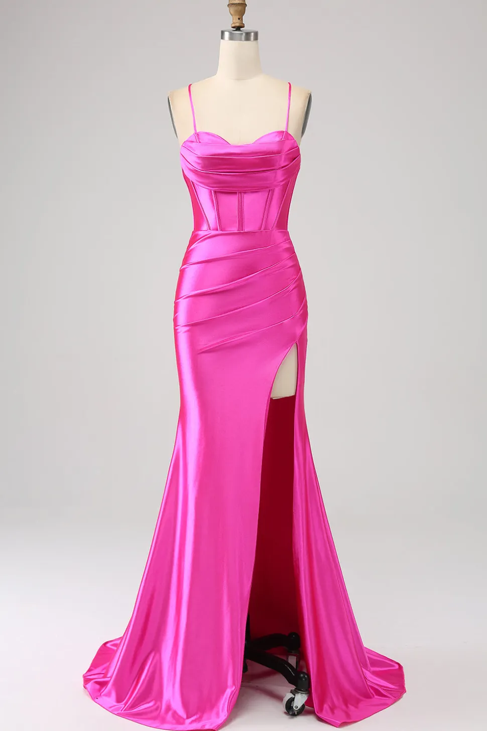 Deslumbrante Sereia Esparguete Correias Fuchsia Corset Prom Dress com Frente Dividida