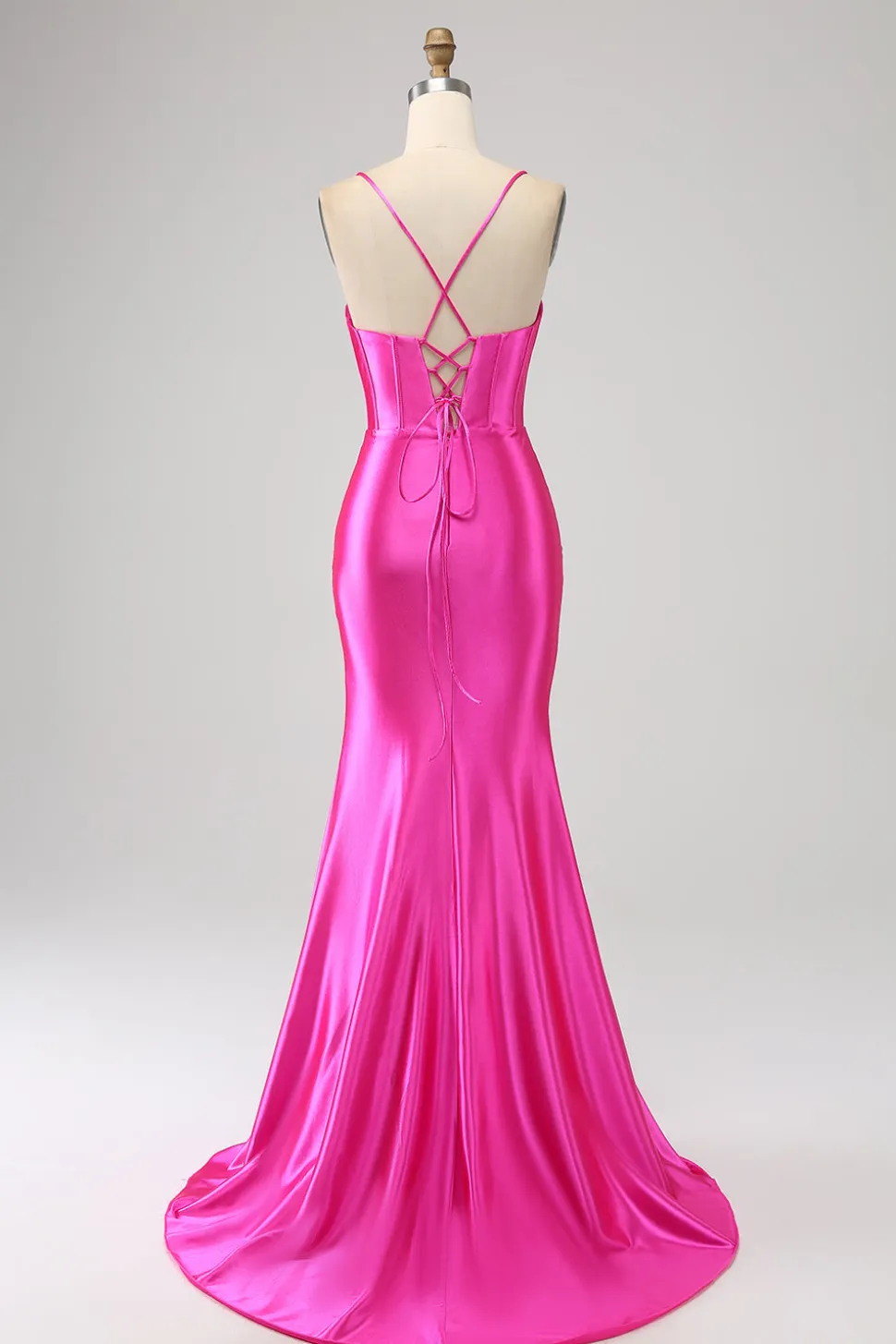 Deslumbrante Sereia Esparguete Correias Fuchsia Corset Prom Dress com Frente Dividida