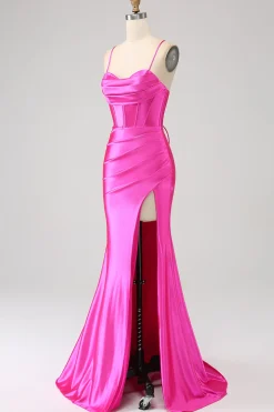 Deslumbrante Sereia Esparguete Correias Fuchsia Corset Prom Dress com Frente Dividida