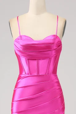 Deslumbrante Sereia Esparguete Correias Fuchsia Corset Prom Dress com Frente Dividida