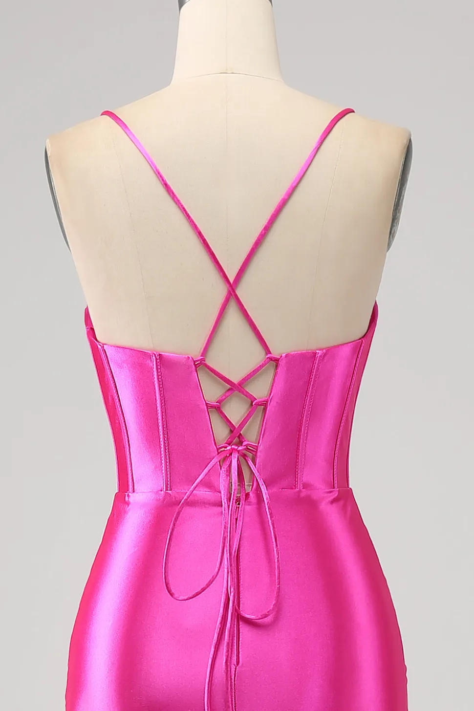 Deslumbrante Sereia Esparguete Correias Fuchsia Corset Prom Dress com Frente Dividida