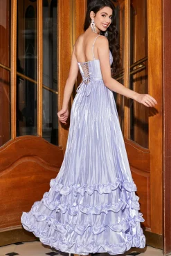 Deslumbrante uma linha de alças espaguete lavanda espartilho vestido de baile com fenda