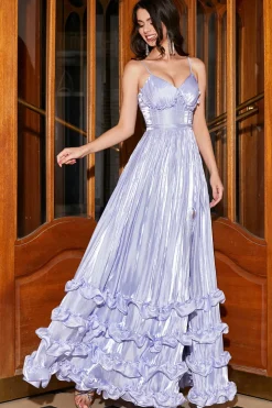 Deslumbrante uma linha de alças espaguete lavanda espartilho vestido de baile com fenda
