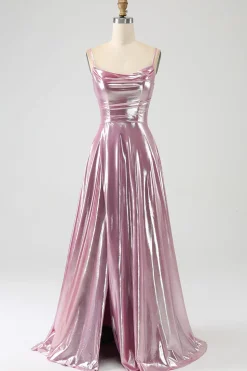 Deslumbrante uma linha de alças espaguete rosa longo vestido de baile com frente dividida