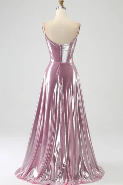 Deslumbrante uma linha de alças espaguete rosa longo vestido de baile com frente dividida