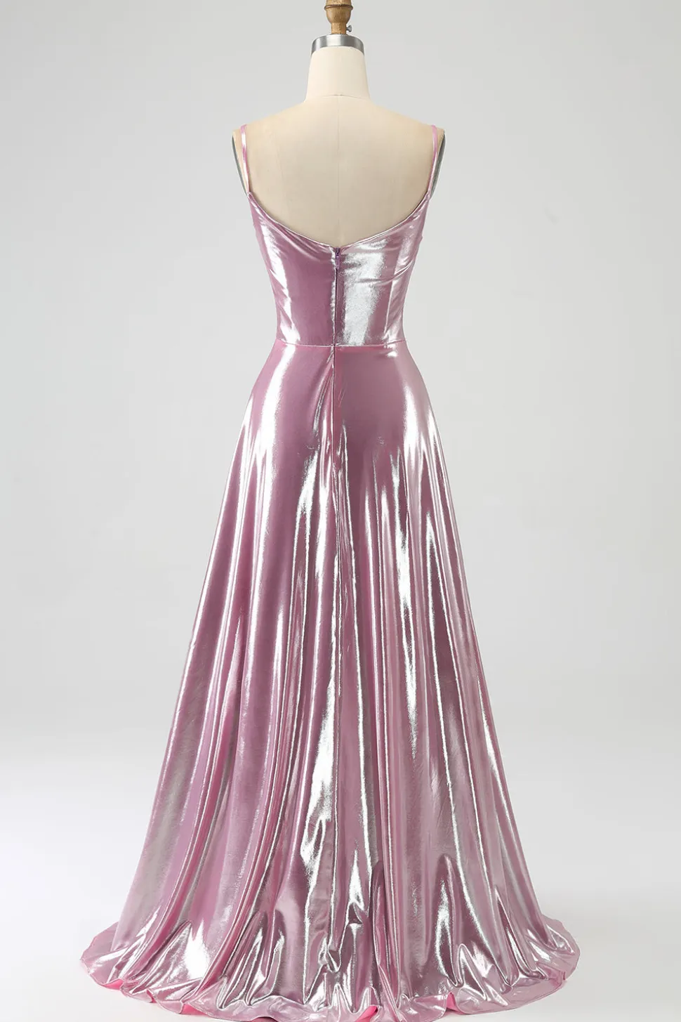 Deslumbrante uma linha de alças espaguete rosa longo vestido de baile com frente dividida