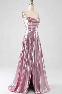 Deslumbrante uma linha de alças espaguete rosa longo vestido de baile com frente dividida