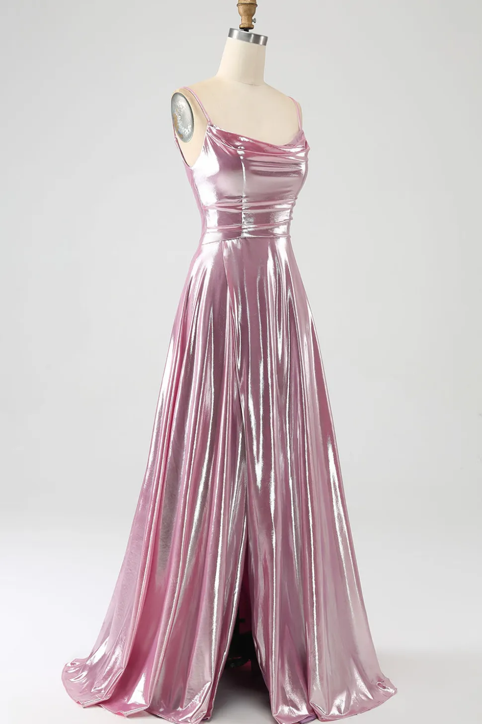 Deslumbrante uma linha de alças espaguete rosa longo vestido de baile com frente dividida