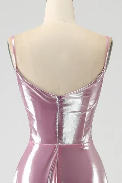 Deslumbrante uma linha de alças espaguete rosa longo vestido de baile com frente dividida