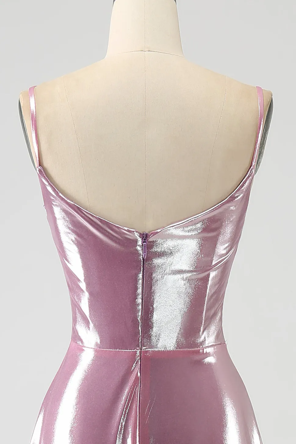 Deslumbrante uma linha de alças espaguete rosa longo vestido de baile com frente dividida