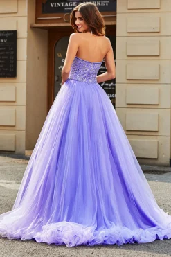 Deslumbrante uma linha sem alças Lilás vestido longo baile de formatura com missangas