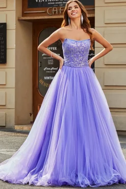 Deslumbrante uma linha sem alças Lilás vestido longo baile de formatura com missangas
