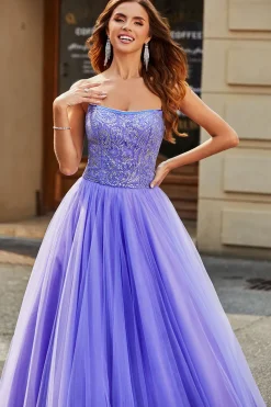 Deslumbrante uma linha sem alças Lilás vestido longo baile de formatura com missangas