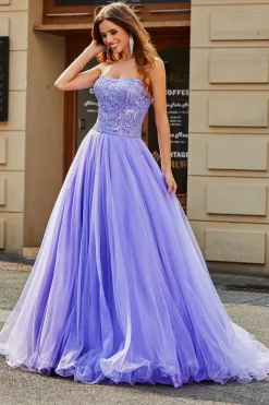 Deslumbrante uma linha sem alças Lilás vestido longo baile de formatura com missangas