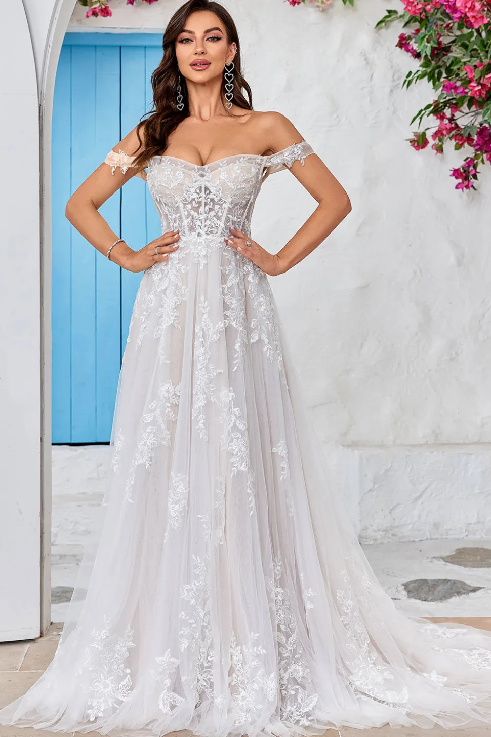 Destacável fora do ombro espartilho tule uma linha vestido de noiva