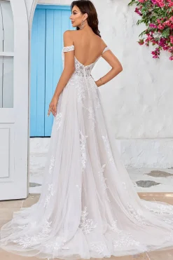 Destacável fora do ombro espartilho tule uma linha vestido de noiva