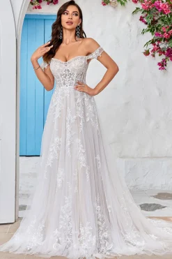 Destacável fora do ombro espartilho tule uma linha vestido de noiva