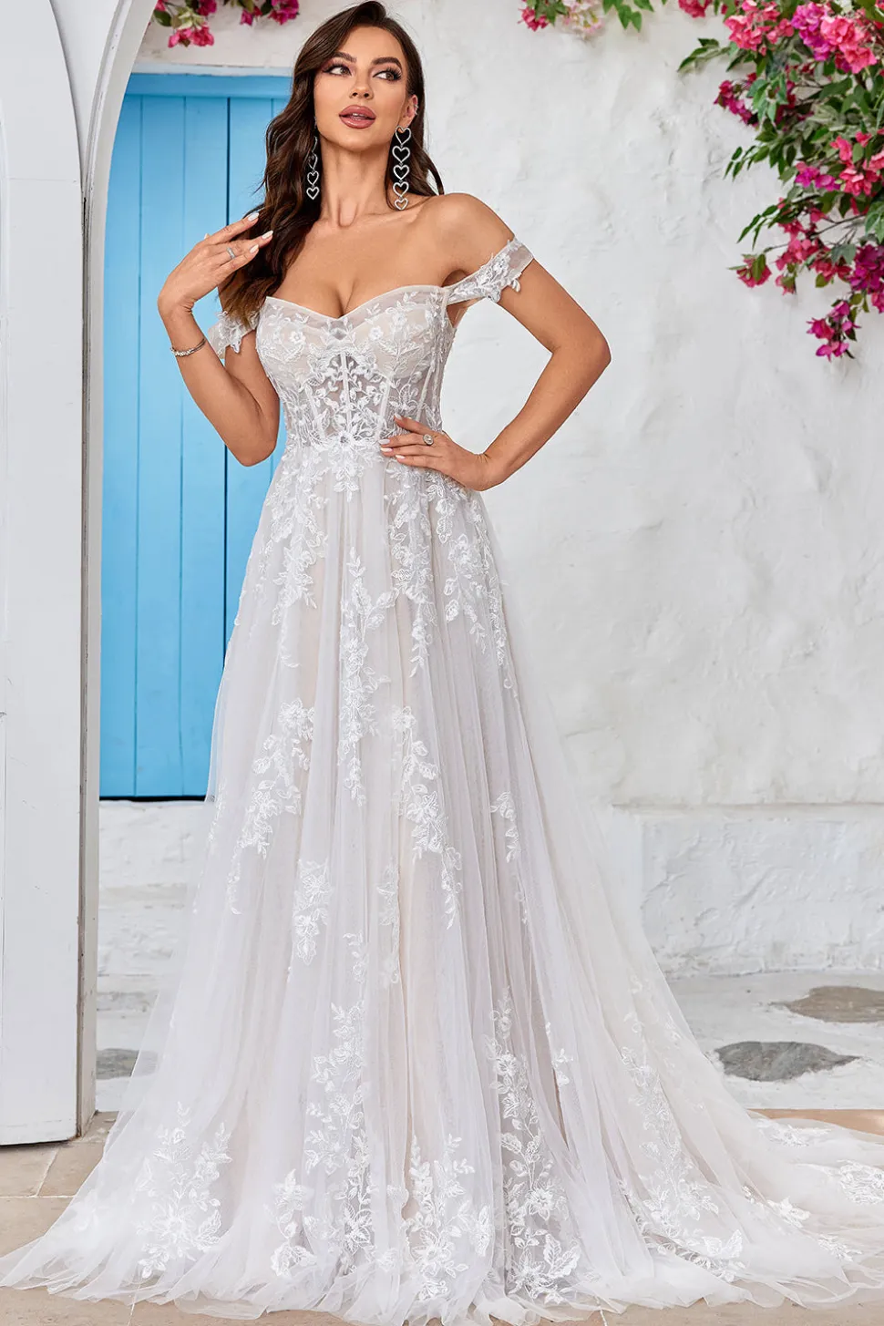 Destacável fora do ombro espartilho tule uma linha vestido de noiva
