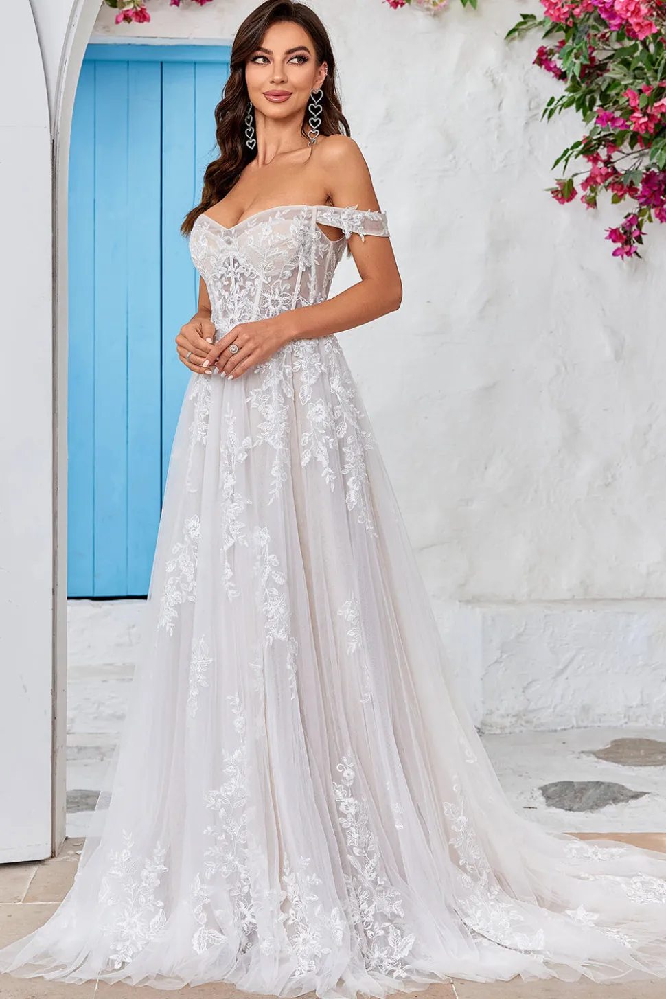 Destacável fora do ombro espartilho tule uma linha vestido de noiva