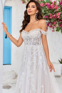 Destacável fora do ombro espartilho tule uma linha vestido de noiva