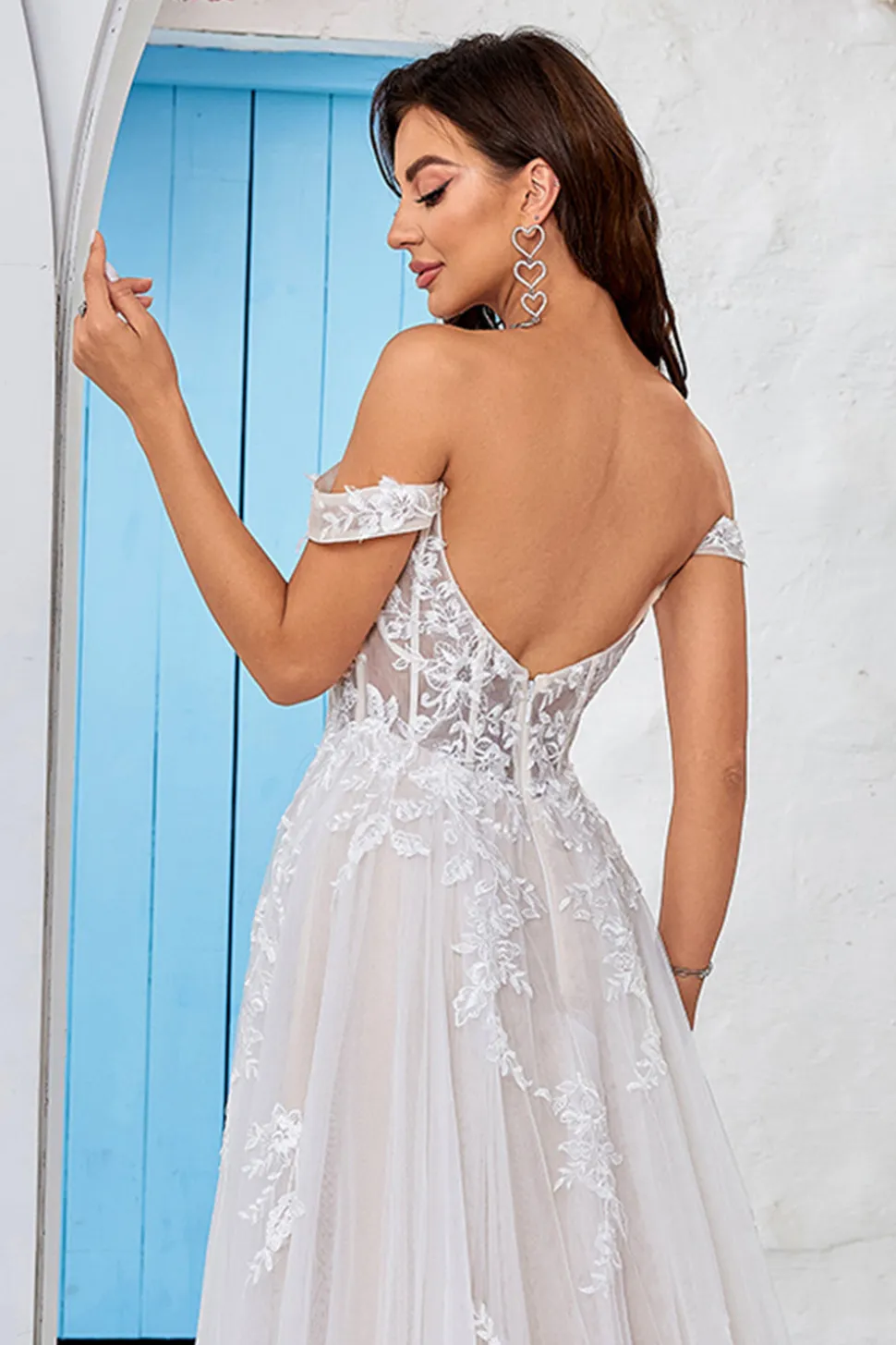 Destacável fora do ombro espartilho tule uma linha vestido de noiva