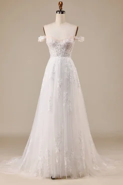 Destacável fora do ombro espartilho tule uma linha vestido de noiva