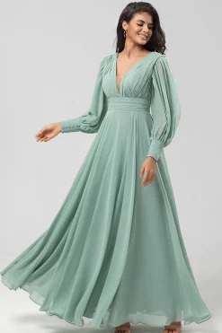 Destacável mangas compridas Chiffon vestido verde dama de honra com pregado