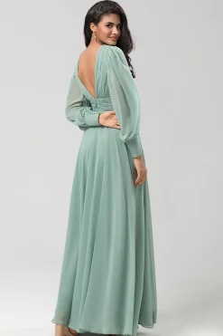 Destacável mangas compridas Chiffon vestido verde dama de honra com pregado