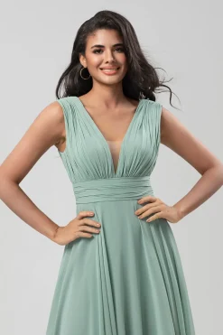 Destacável mangas compridas Chiffon vestido verde dama de honra com pregado