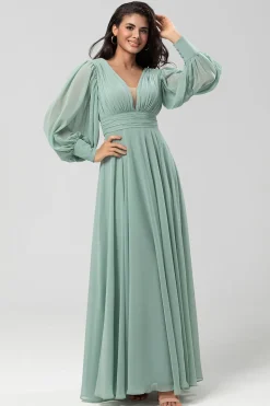 Destacável mangas compridas Chiffon vestido verde dama de honra com pregado