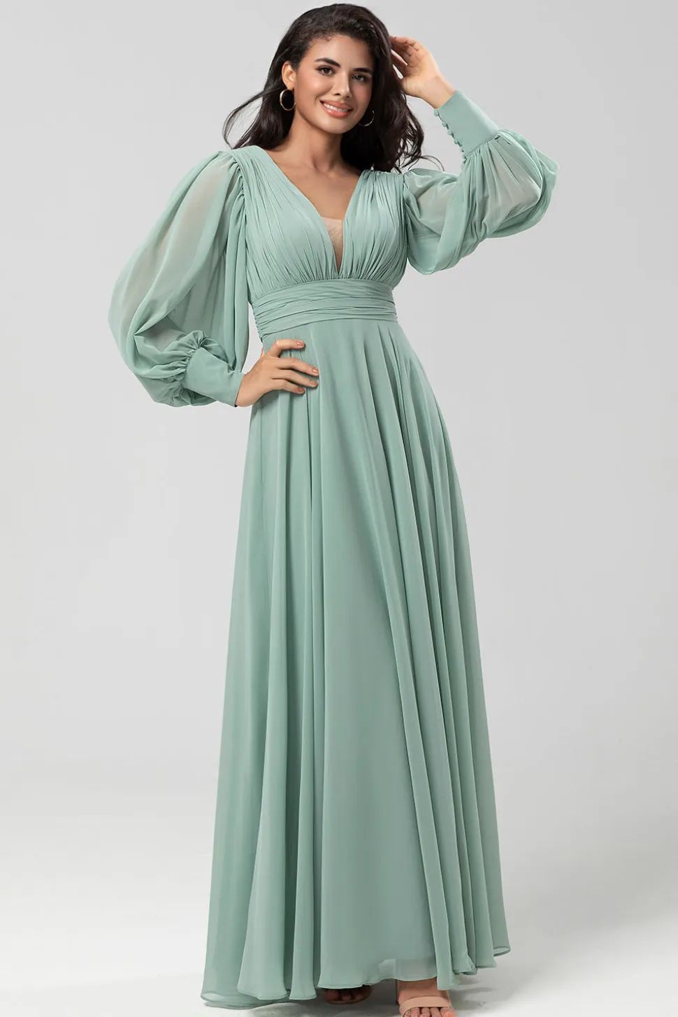 Destacável mangas compridas Chiffon vestido verde dama de honra com pregado