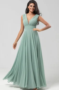 Destacável mangas compridas Chiffon vestido verde dama de honra com pregado