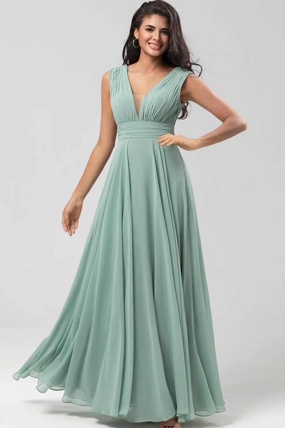 Destacável mangas compridas Chiffon vestido verde dama de honra com pregado