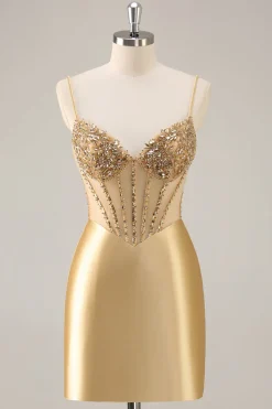 Dourado Brilhante Espartilho Bodycon Mini Vestido Cocktail