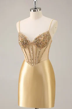 Dourado Brilhante Espartilho Bodycon Mini Vestido Cocktail