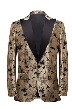 Dourado Jacquard Lapela de Pico Blazer Masculino