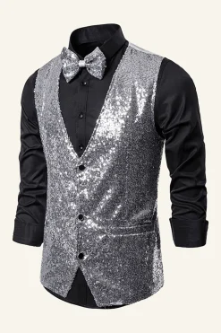 Dourado Lantejoulas Colete Masculino Com Gravata Borboleta