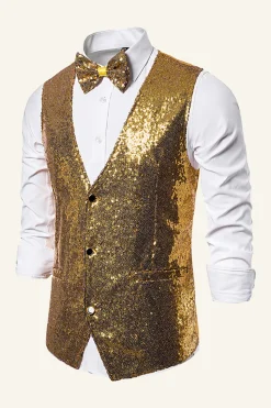 Dourado Lantejoulas Colete Masculino Com Gravata Borboleta