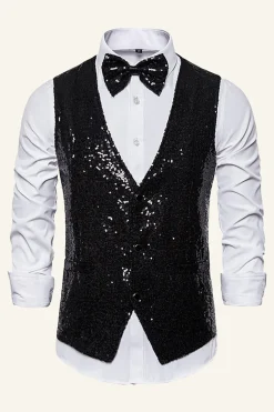 Dourado Lantejoulas Colete Masculino Com Gravata Borboleta