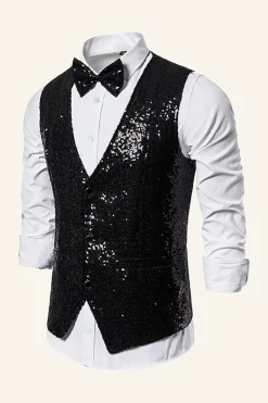 Dourado Lantejoulas Colete Masculino Com Gravata Borboleta