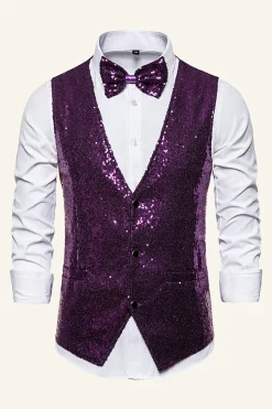 Dourado Lantejoulas Colete Masculino Com Gravata Borboleta