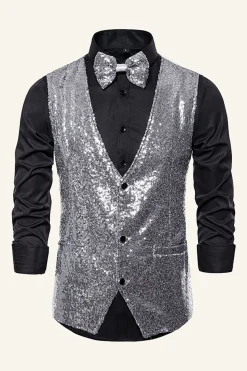 Dourado Lantejoulas Colete Masculino Com Gravata Borboleta