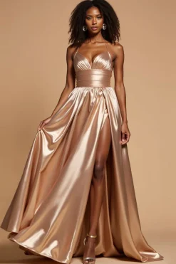 Dourado Linha-A Alças Finas Cetim Plissado Longo Vestido de Baile com Fenda