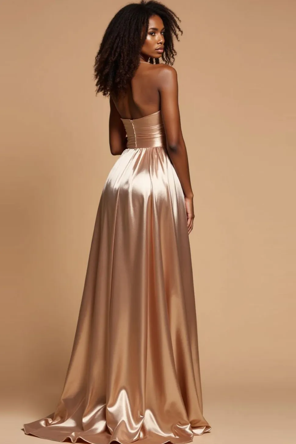 Dourado Linha-A Alças Finas Cetim Plissado Longo Vestido de Baile com Fenda